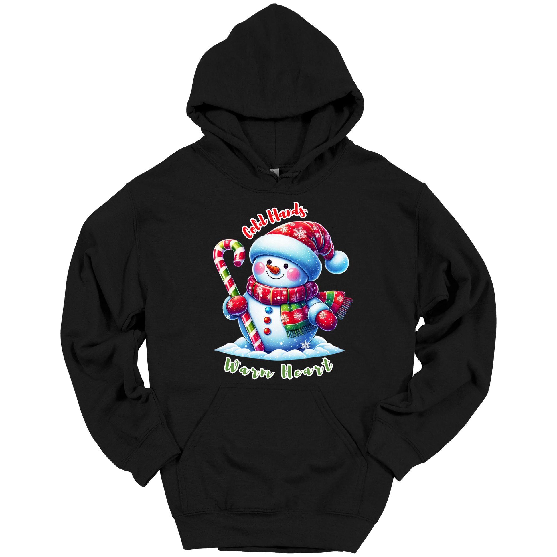 Black Christmas hoodie with a snowman graphic with a text "Cold Hands Warm Hearts"