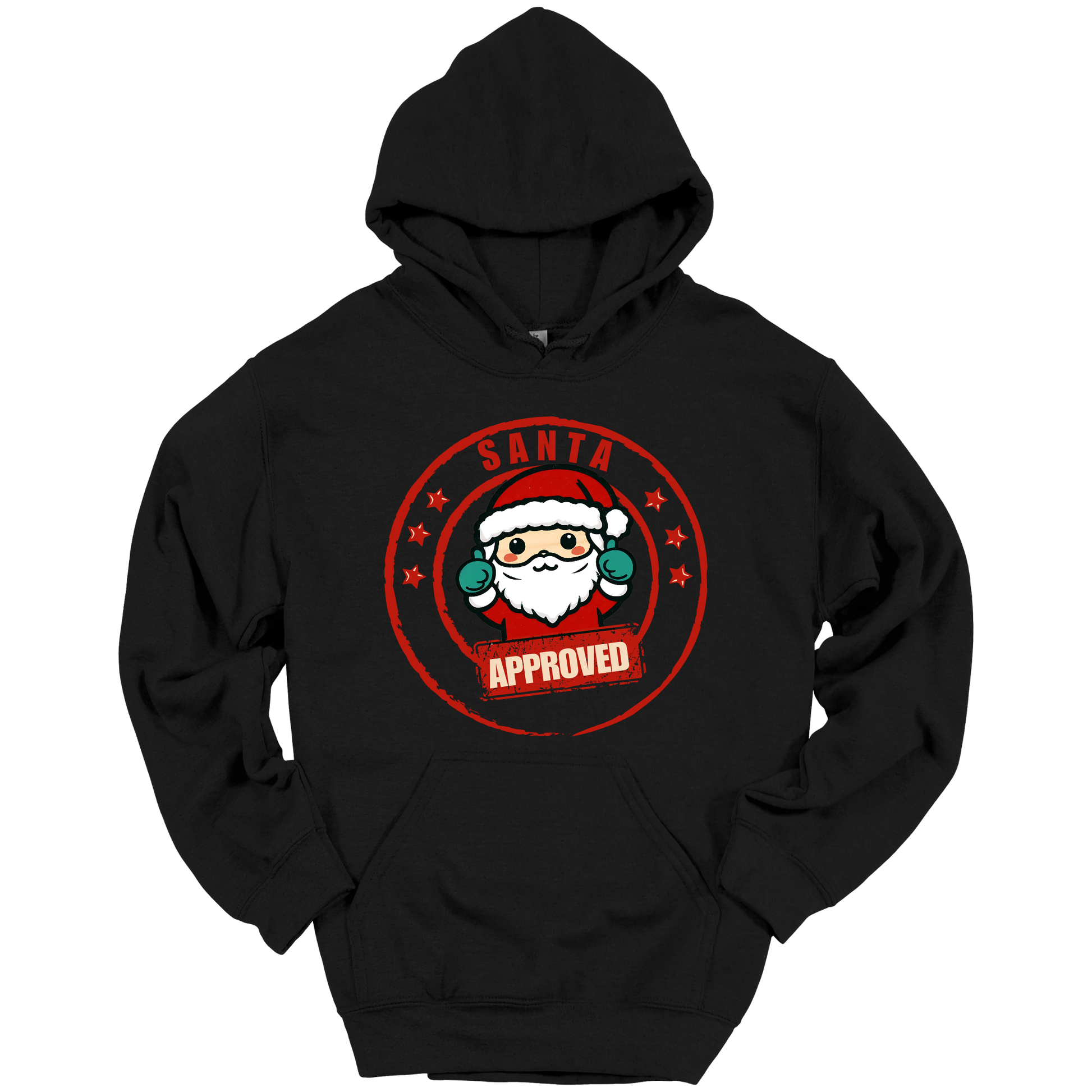 Black Christmas hoodie with a Santa Claus graphic and 'Approved' text.