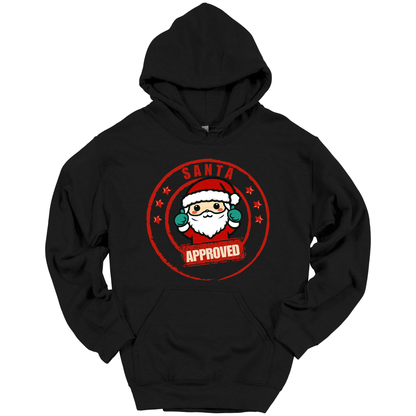 Black Christmas hoodie with a Santa Claus graphic and 'Approved' text.
