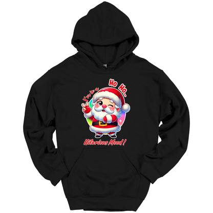 Black Christmas hoodie with a cartoon Santa Claus design