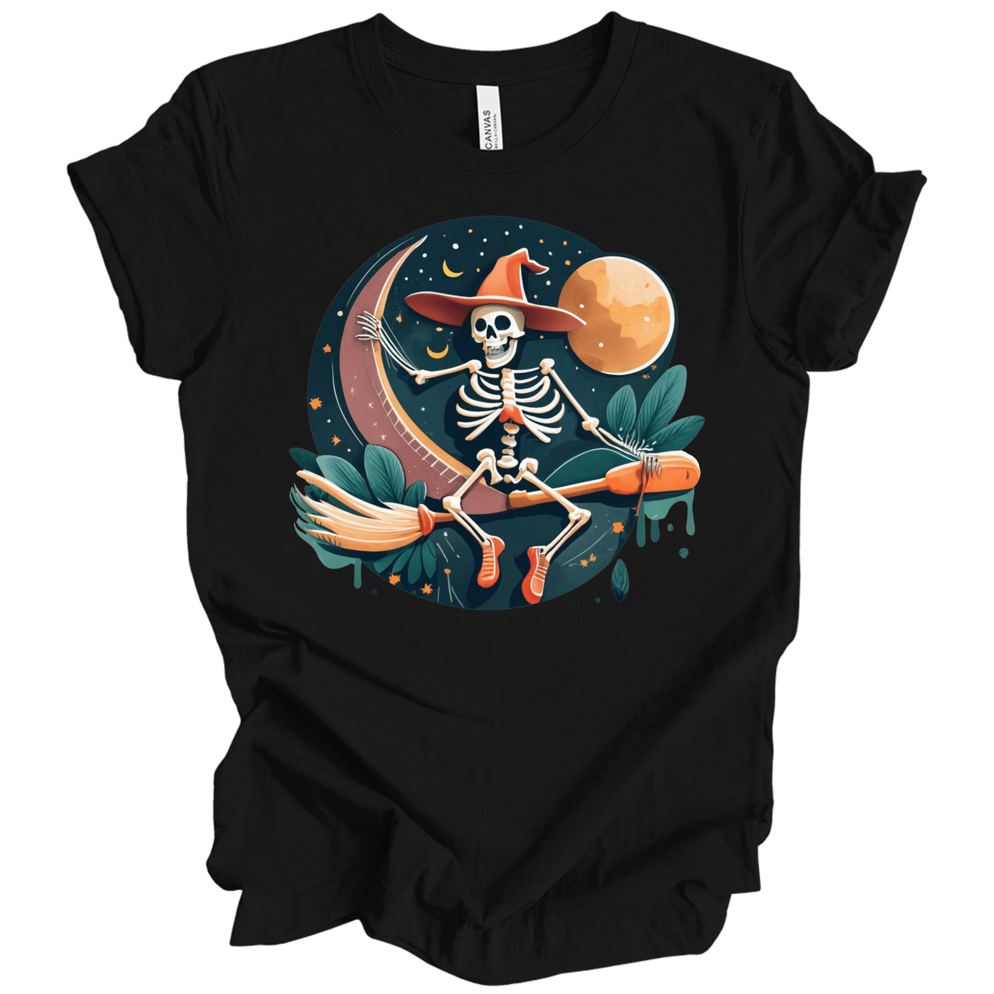 Black halloween t-shirt with a skeleton on a broomstick wearing a witch hat in the night time.