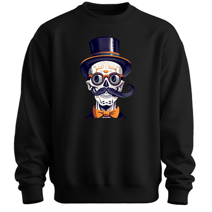 Black halloween sweatshirt with a skull wearing a top hat, glasses and a bow tie.