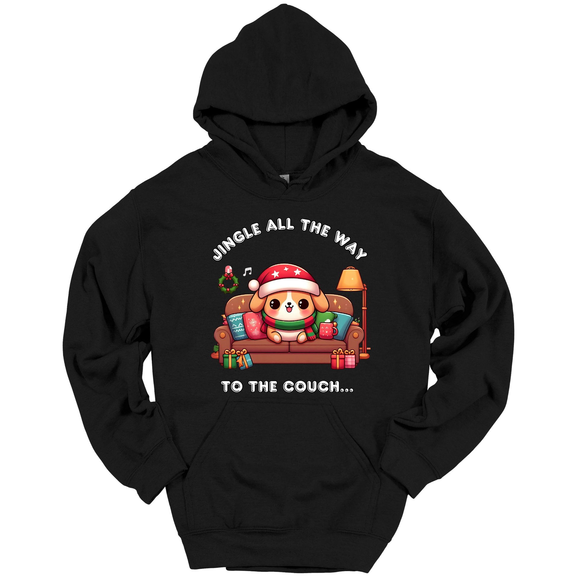 Black hoodie with Christmas-themed design of a dog on a couch and text 'Jingle all the way to the couch'.