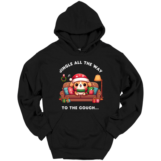 Black hoodie with Christmas-themed design of a dog on a couch and text 'Jingle all the way to the couch'.