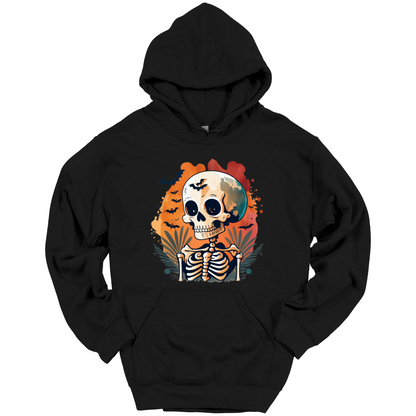 Black hoodie with a Halloween-themed design featuring a skull and skeleton surrounded with bats.