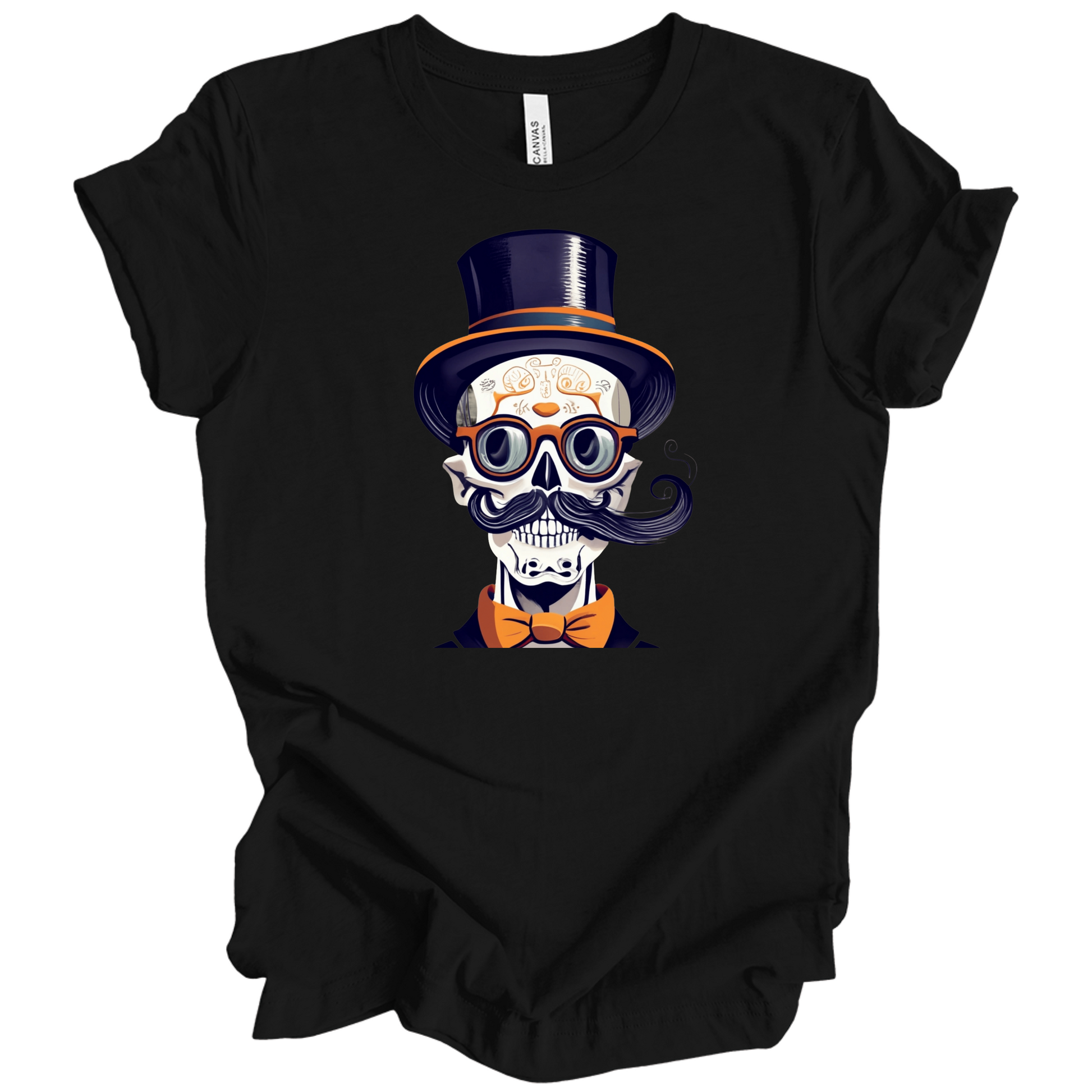 Black halloween t-shirt with a skull wearing a top hat, glasses, and bow tie.