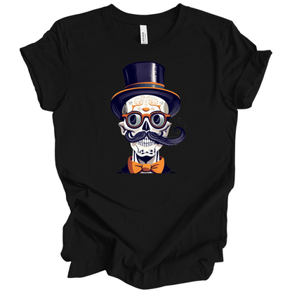 Black halloween t-shirt with a skull wearing a top hat, glasses, and bow tie.