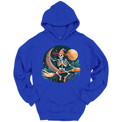Blue halloween hoodie with a skeleton on a broomstick wearing a witch hat in the night time.