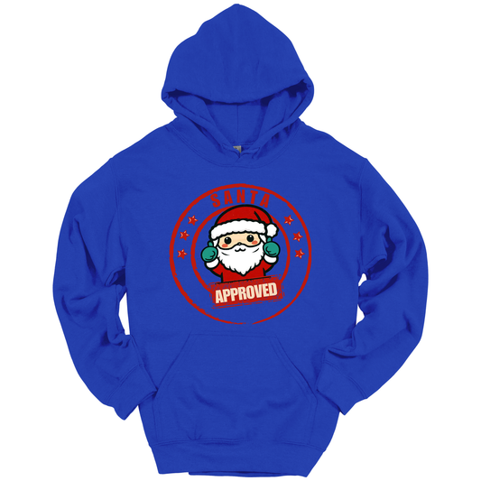 Blue Christmas hoodie with a Santa Claus graphic and 'Approved' text.