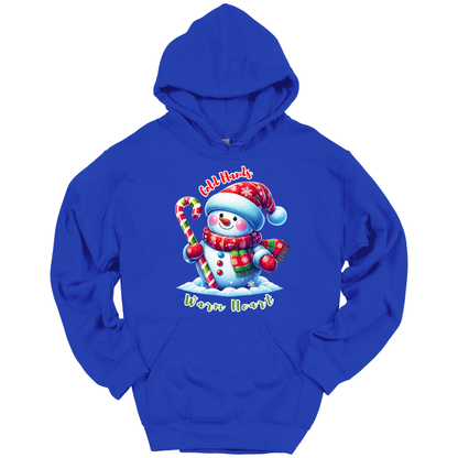 Blue Christmas hoodie with a snowman graphic with a text "Cold Hands Warm Hearts"