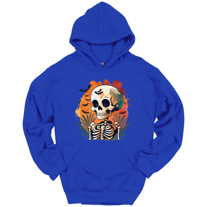 Blue hoodie with a Halloween-themed design featuring a skull and skeleton surrounded with bats.