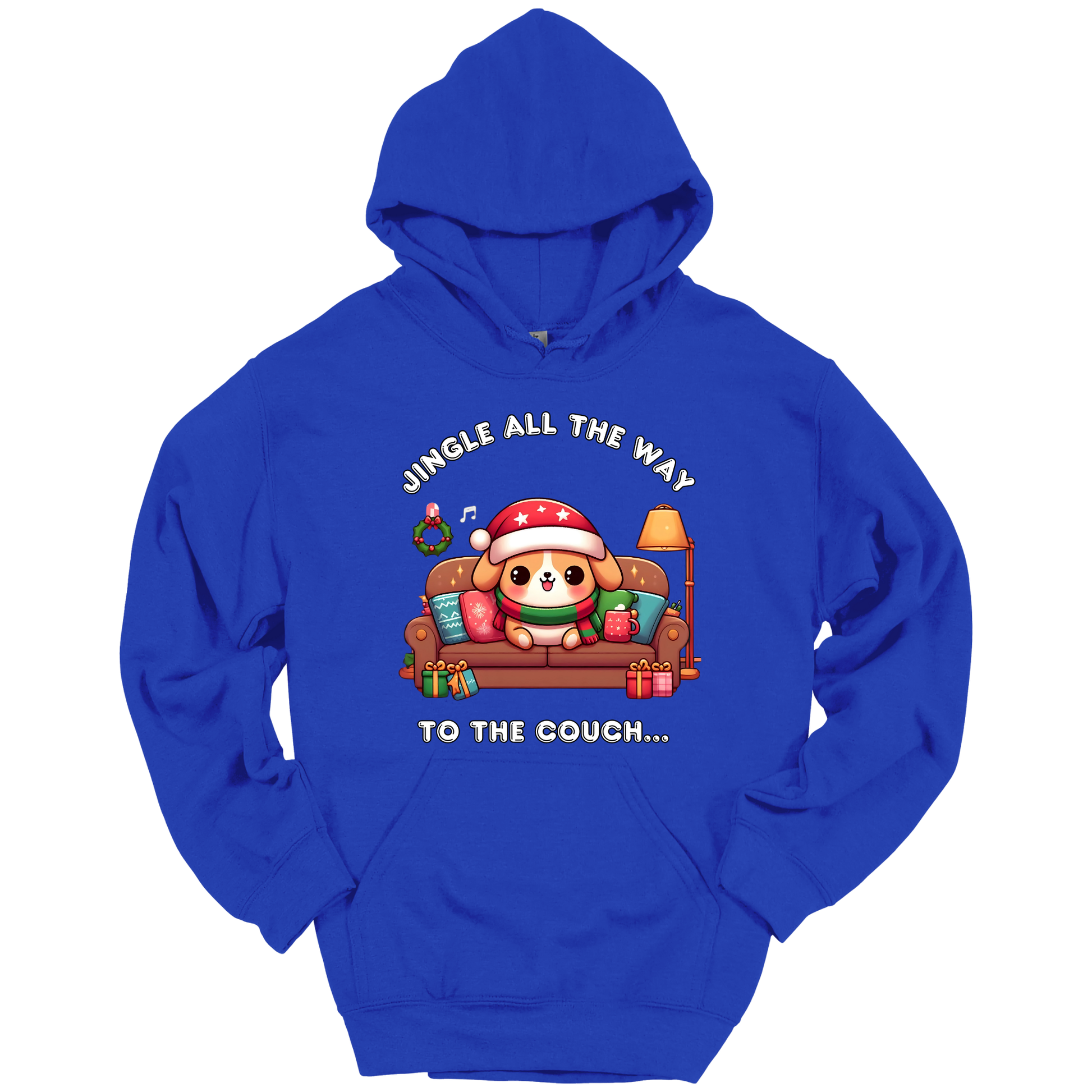 Blue hoodie with Christmas-themed design of a dog on a couch and text 'Jingle all the way to the couch'.