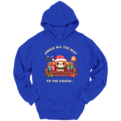 Blue hoodie with Christmas-themed design of a dog on a couch and text 'Jingle all the way to the couch'.