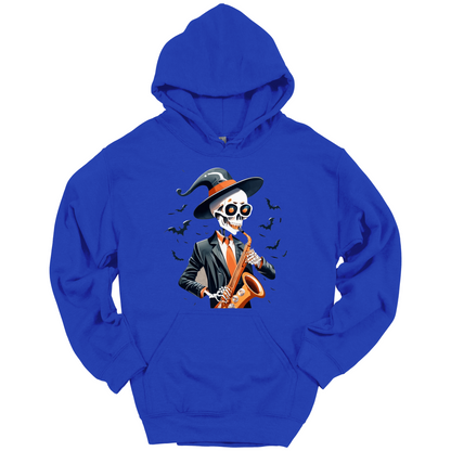Blue halloween hoodie with a skeleton playing a saxophone and wearing a witch hat, surrounded by bats.