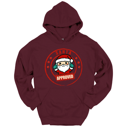 Maroon Christmas hoodie with a Santa Claus graphic and 'Approved' text.