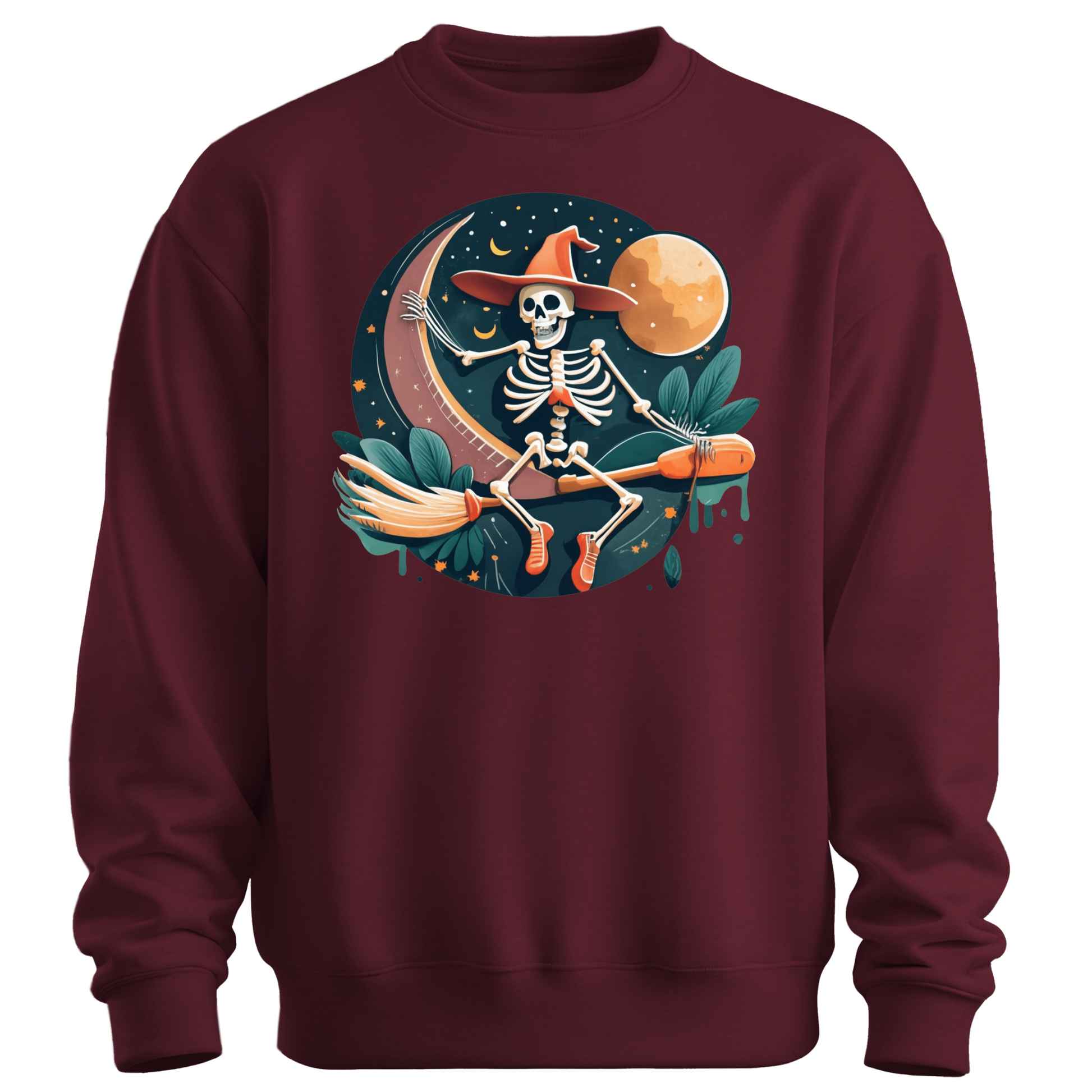 Maroon halloween sweatshirt with a skeleton on a broomstick wearing a witch hat in the night time.