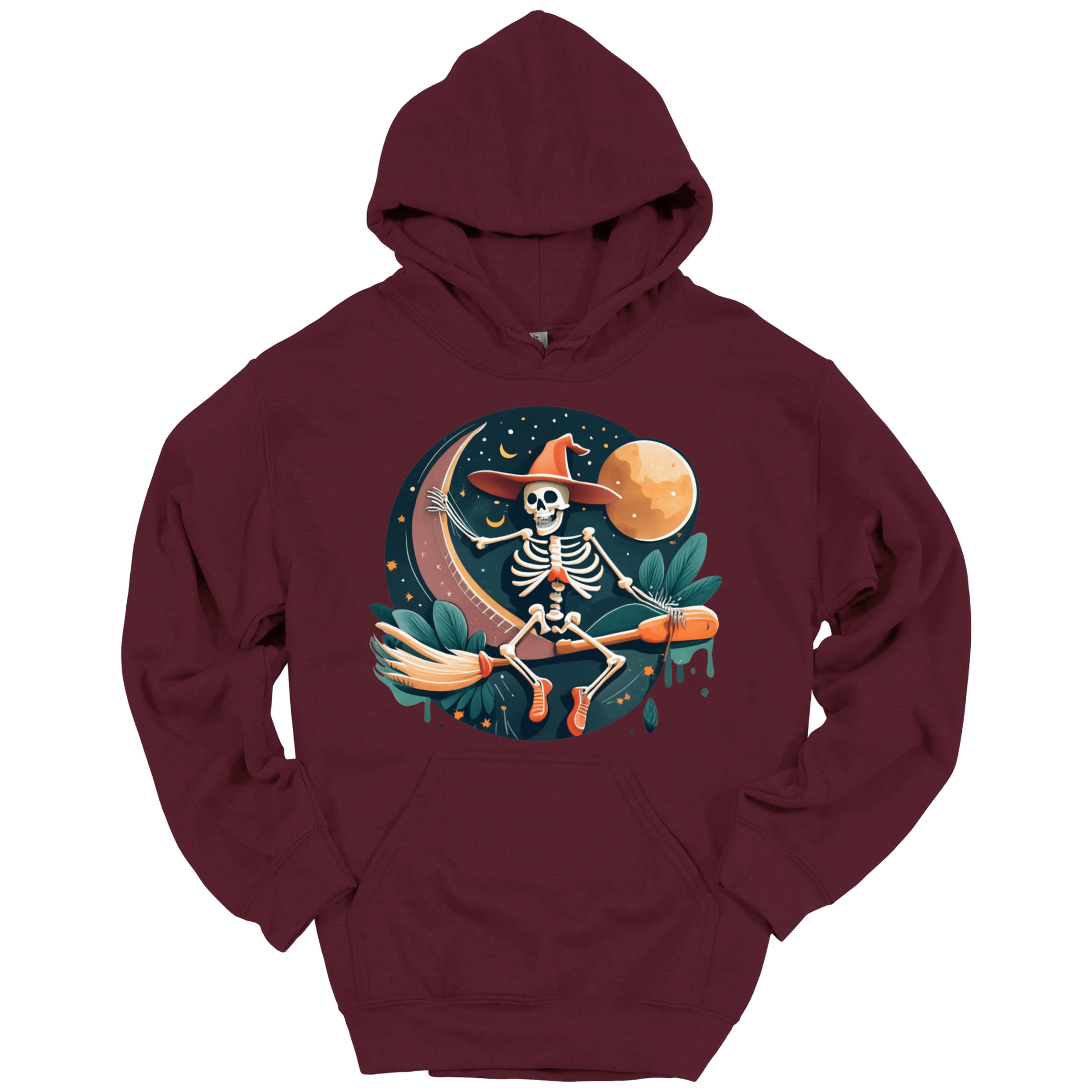 Maroon halloween hoodie with a skeleton on a broomstick wearing a witch hat in the night time.