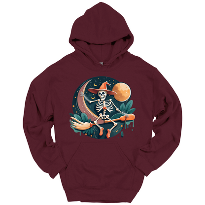 Maroon halloween hoodie with a skeleton on a broomstick wearing a witch hat in the night time.