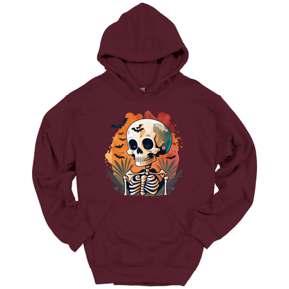 Maroon hoodie with a Halloween-themed design featuring a skull and skeleton surrounded with bats.