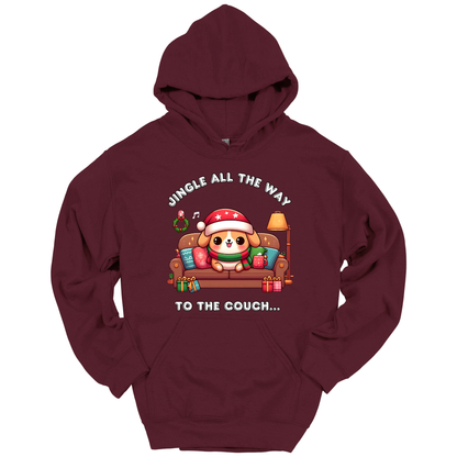Maroon hoodie with Christmas-themed design of a dog on a couch and text 'Jingle all the way to the couch'.