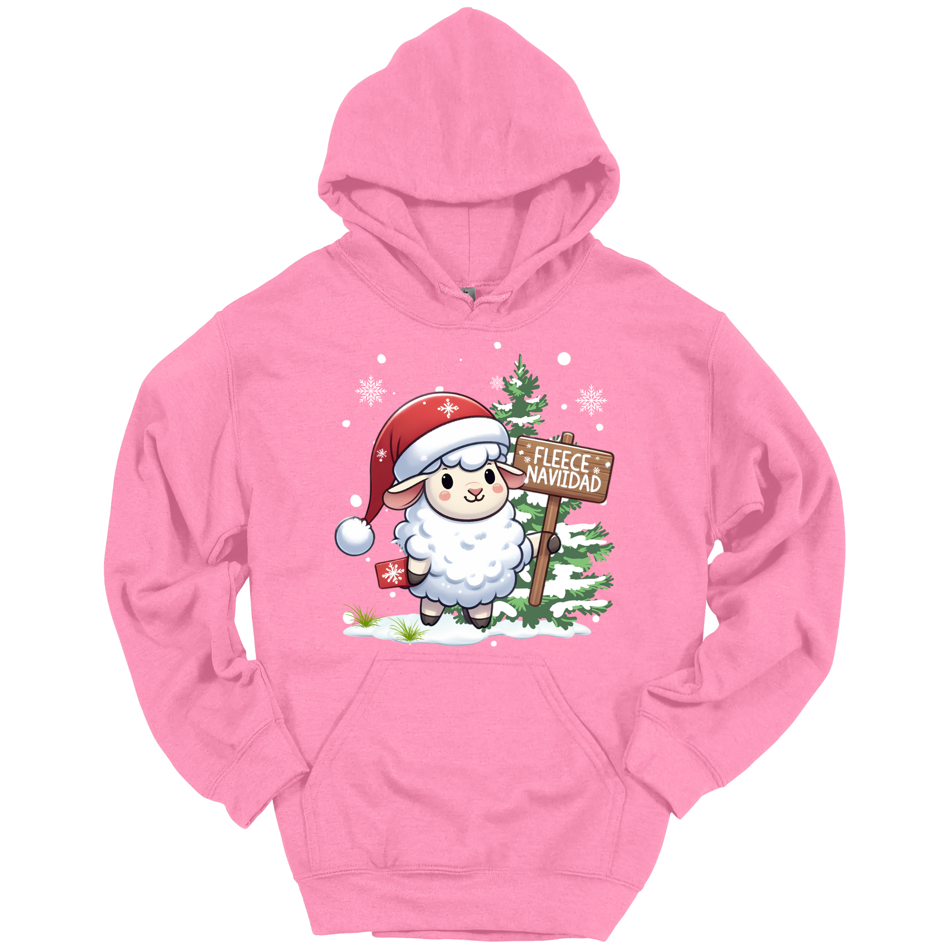 Pink Christmas hoodie with a Christmas-themed design featuring a sheep in a Santa hat and a sign.