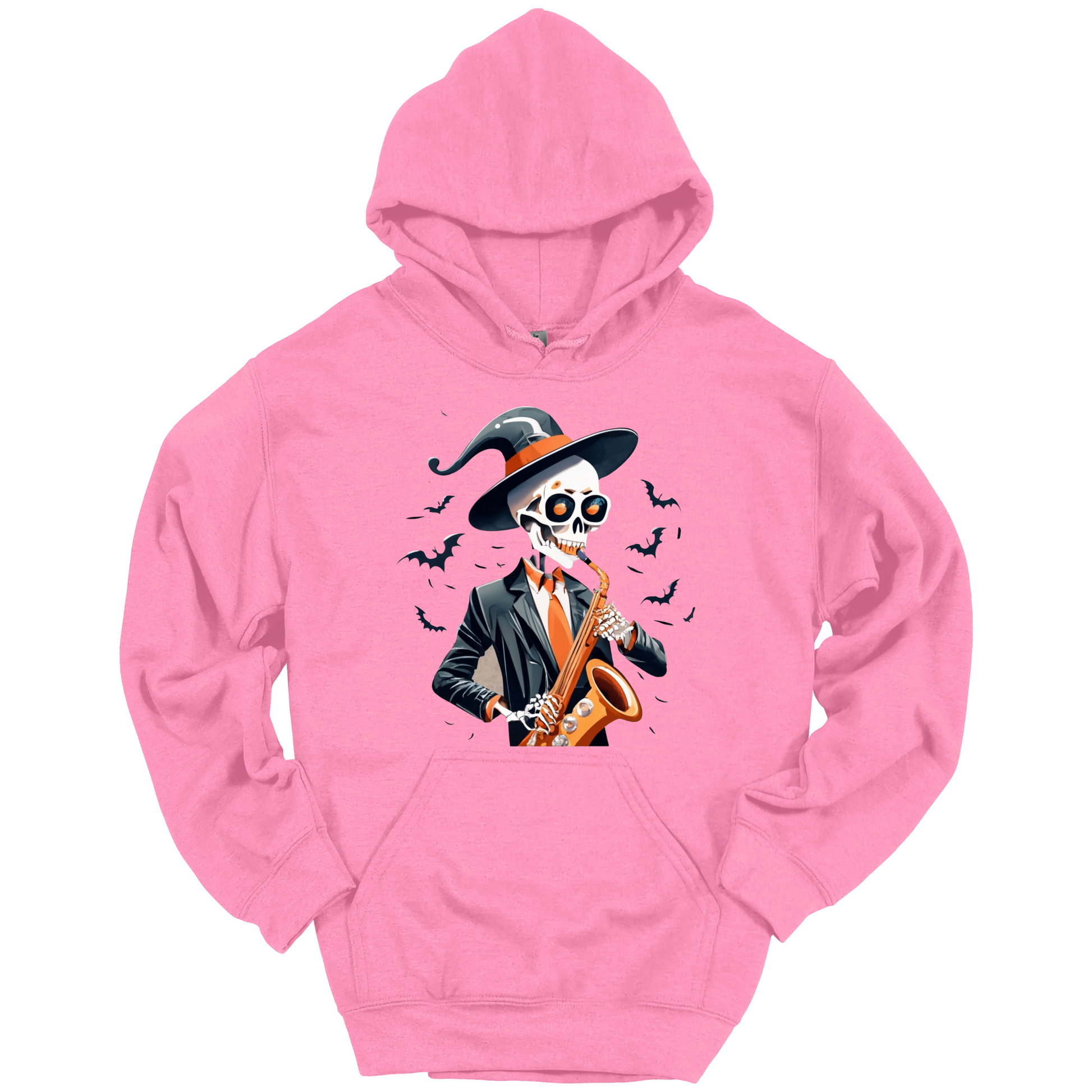 Pink halloween hoodie with a skeleton playing a saxophone and wearing a witch hat, surrounded by bats.