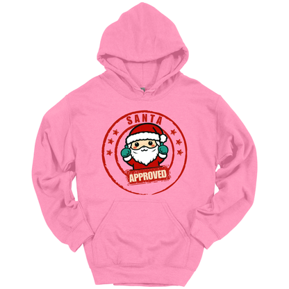 Pink Christmas hoodie with a Santa Claus graphic and 'Approved' text.