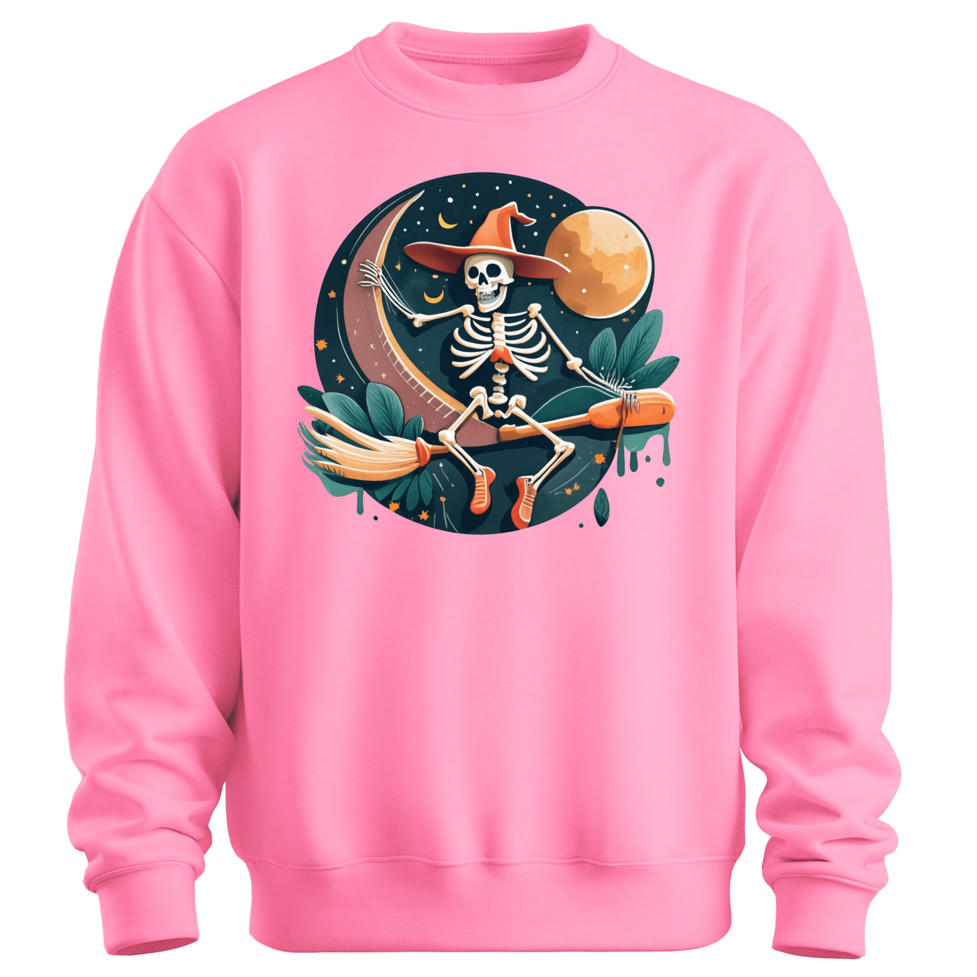 Pink halloween sweatshirt with a skeleton on a broomstick wearing a witch hat in the night time.