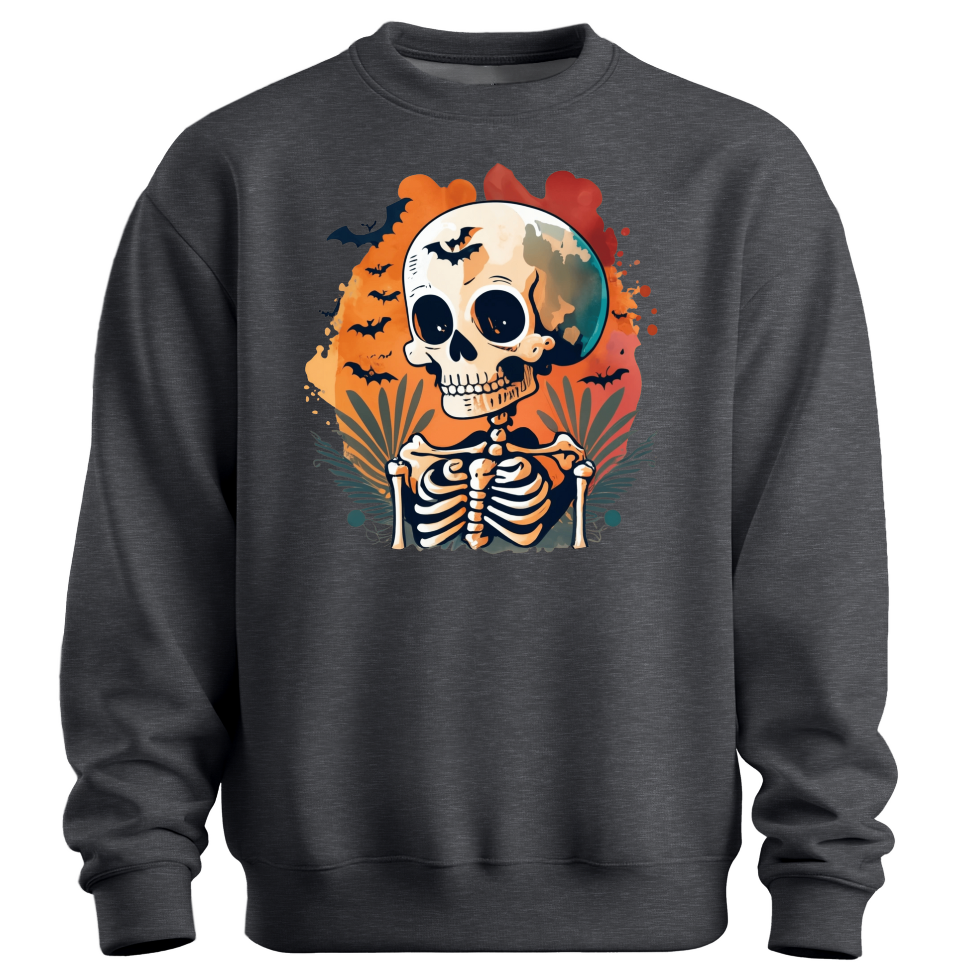 Dark gray sweatshirt with a Halloween-themed design featuring a skeleton and skull surrounded with bats.