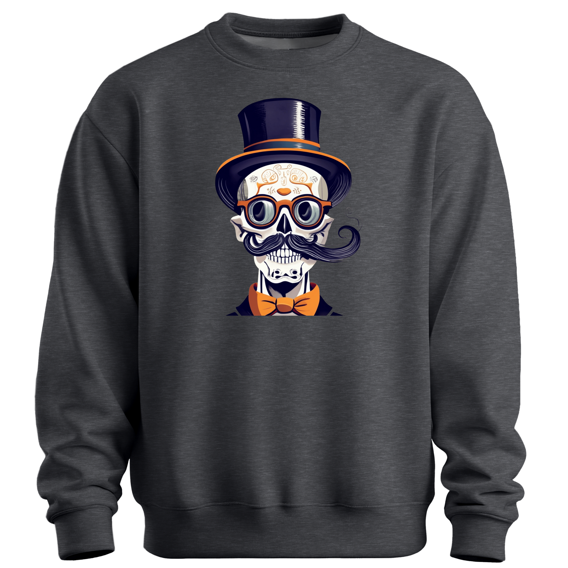 Dark gray halloween sweatshirt with a skull wearing a top hat, glasses and a bow tie.