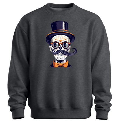 Dark gray halloween sweatshirt with a skull wearing a top hat, glasses and a bow tie.
