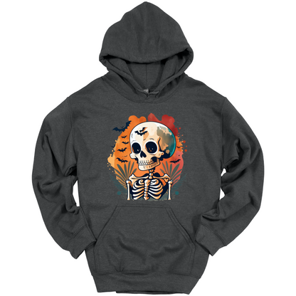 Dark gray hoodie with a Halloween-themed design featuring a skull and skeleton surrounded with bats.