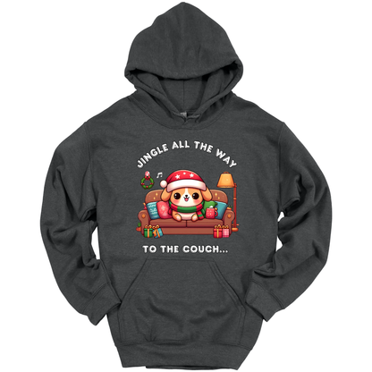 Dark gray hoodie with Christmas-themed design of a dog on a couch and text 'Jingle all the way to the couch'.