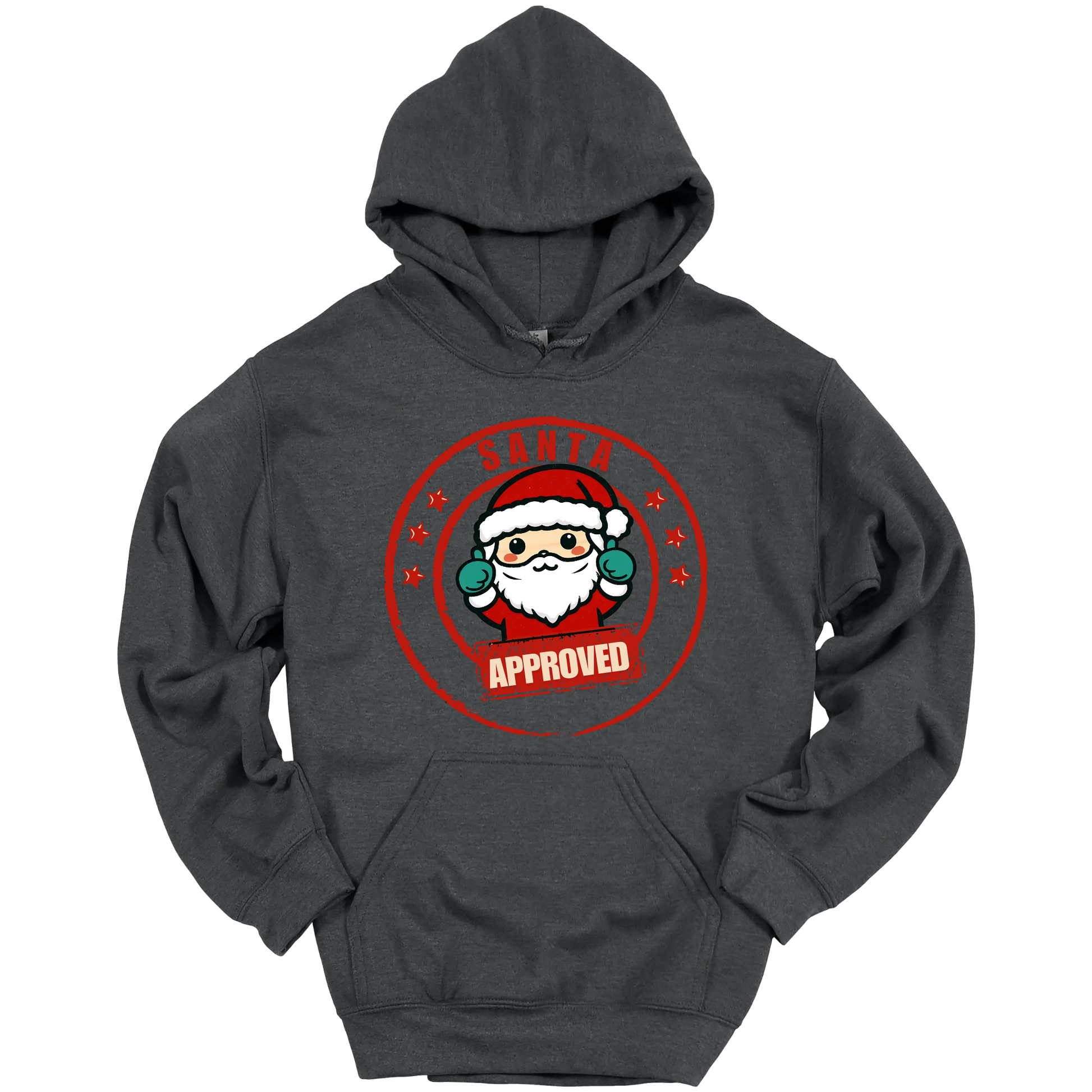 Dark gray Christmas hoodie with a Santa Claus graphic and 'Approved' text.