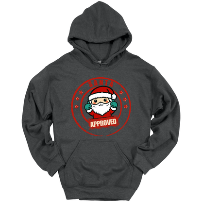Dark gray Christmas hoodie with a Santa Claus graphic and 'Approved' text.