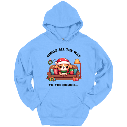 Light blue hoodie with Christmas-themed design of a dog on a couch and text 'Jingle all the way to the couch'.