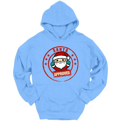 Light blue Christmas hoodie with a Santa Claus graphic and 'Approved' text.