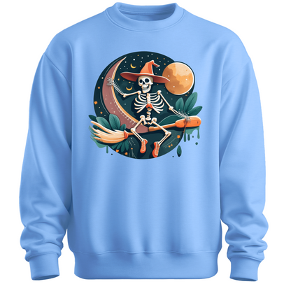 Light blue halloween sweatshirt with a skeleton on a broomstick wearing a witch hat in the night time.