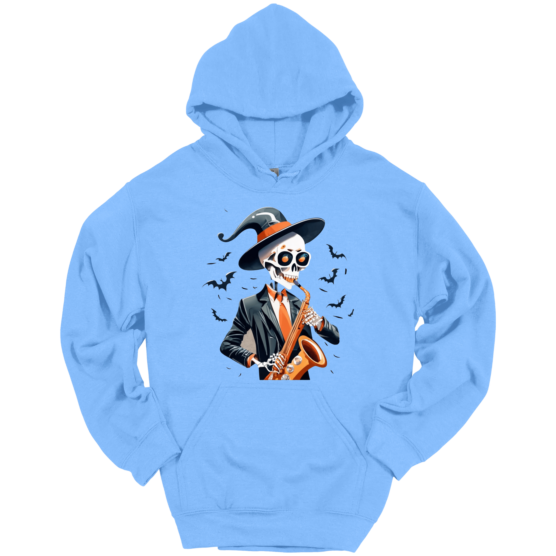 Light blue halloween hoodie with a skeleton playing a saxophone and wearing a witch hat, surrounded by bats.