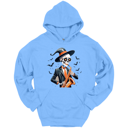 Light blue halloween hoodie with a skeleton playing a saxophone and wearing a witch hat, surrounded by bats.