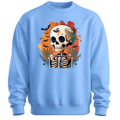 Light blue sweatshirt with a Halloween-themed design featuring a skeleton and skull surrounded with bats.
