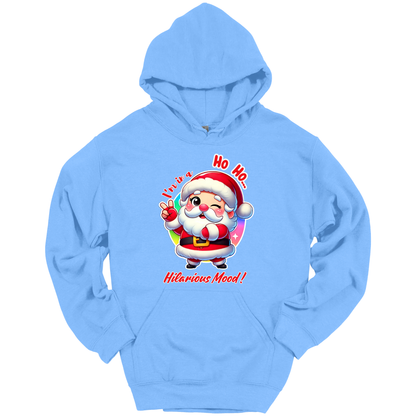 Light blue Christmas hoodie with a cartoon Santa Claus design