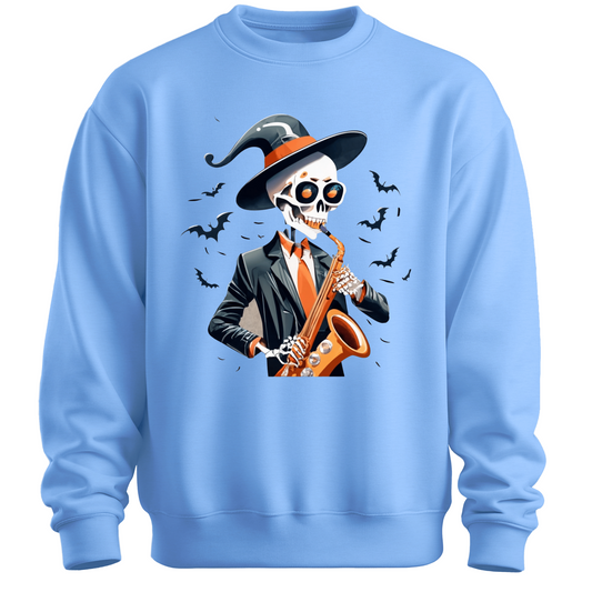 Light blue halloween sweatshirt with a skeleton playing a saxophone and wearing a witch hat, surrounded by bats.