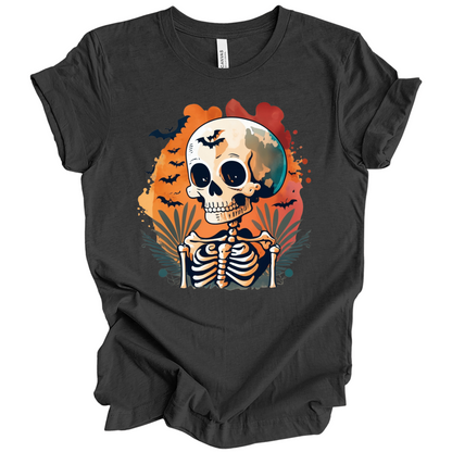 Black t-shirt with a Halloween-themed design featuring a skeleton and skull surrounded with bats.