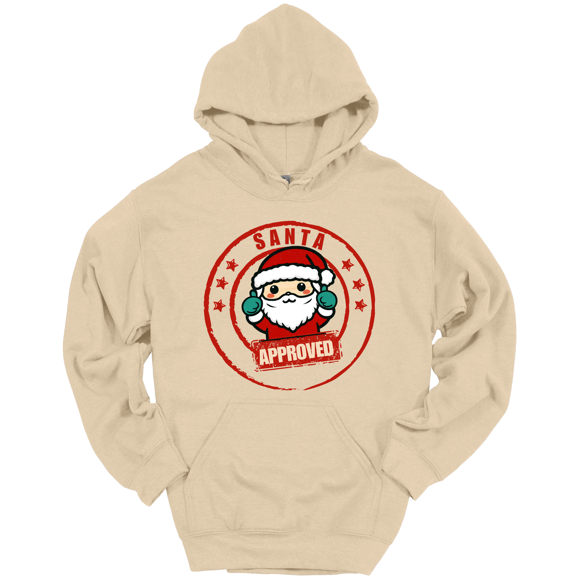 Beige Christmas hoodie with a Santa Claus graphic and 'Approved' text.