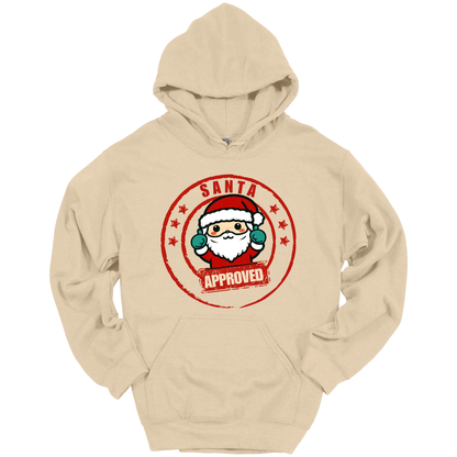 Beige Christmas hoodie with a Santa Claus graphic and 'Approved' text.