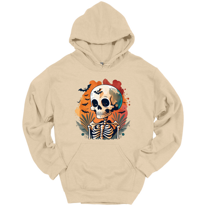 Beige hoodie with a Halloween-themed design featuring a skull and skeleton surrounded with bats.
