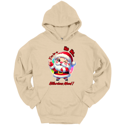 Beige Christmas hoodie with a cartoon Santa Claus design