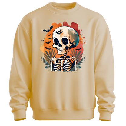 Beige sweatshirt with a Halloween-themed design featuring a skeleton and skull surrounded with bats.