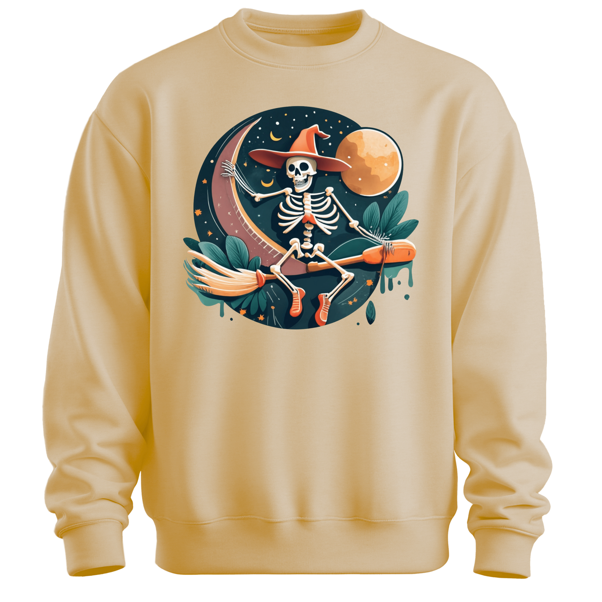 Beige halloween sweatshirt with a skeleton on a broomstick wearing a witch hat in the night time.